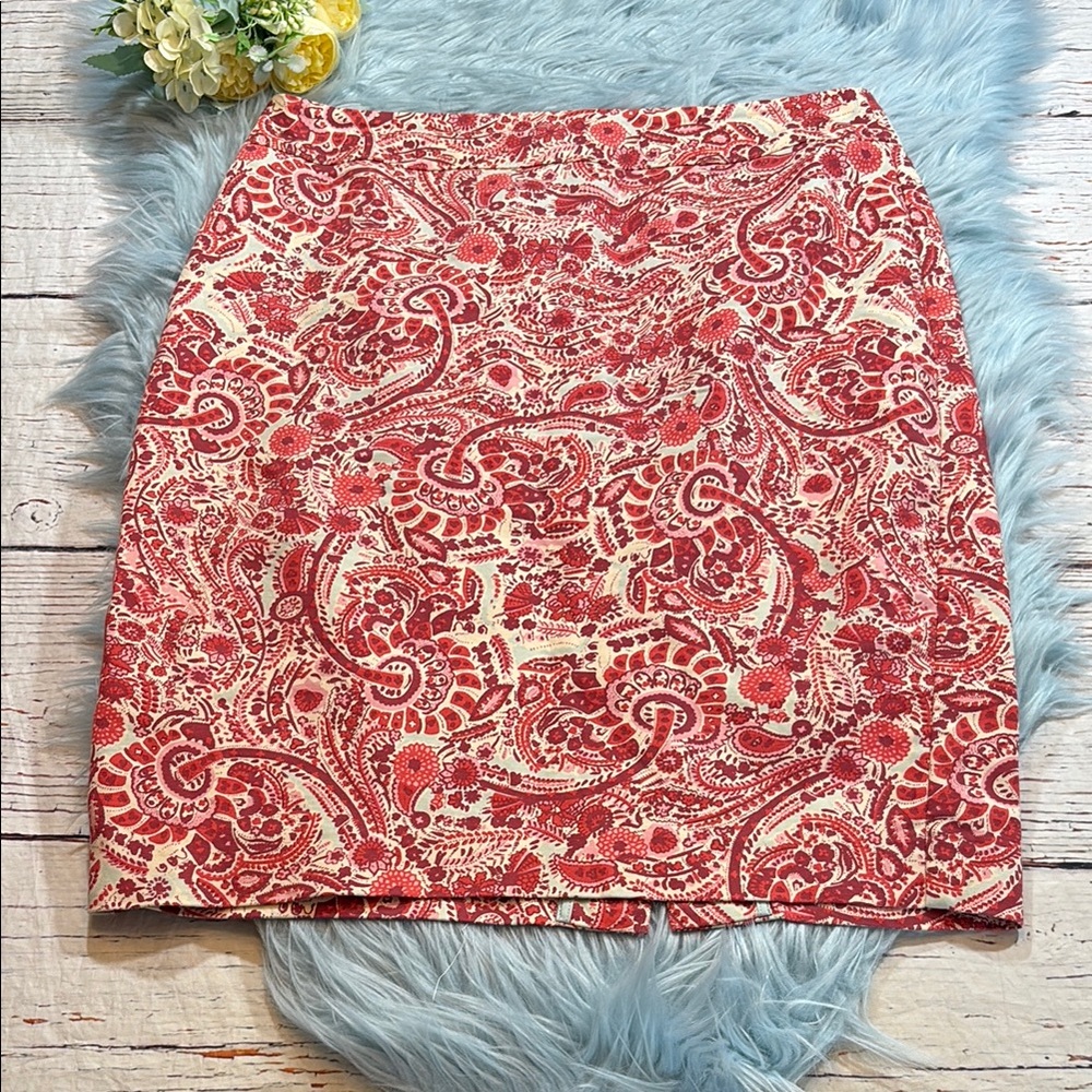 LOFT Red Pink Paisley Pencil Skirt sz 8